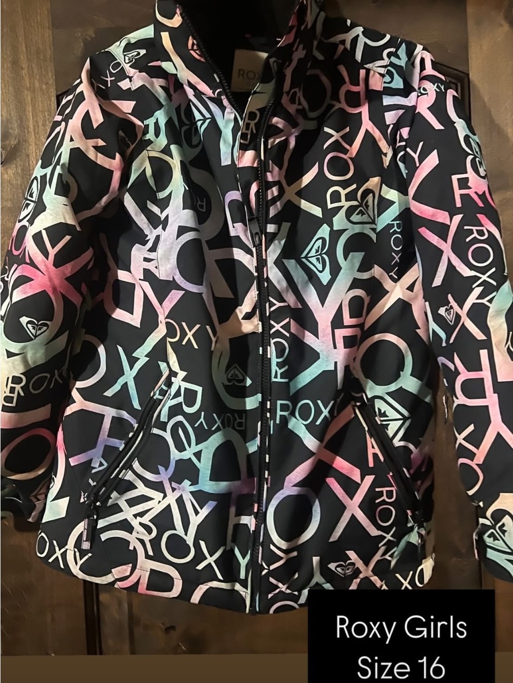 Roxy Girls Black with Pastel Rainbow Coat and Black Ski Pants